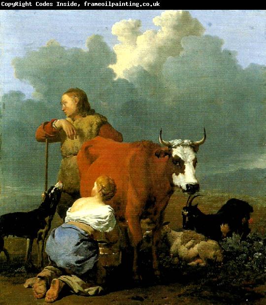 Karel Dujardin bondflicka mjolkande en ko